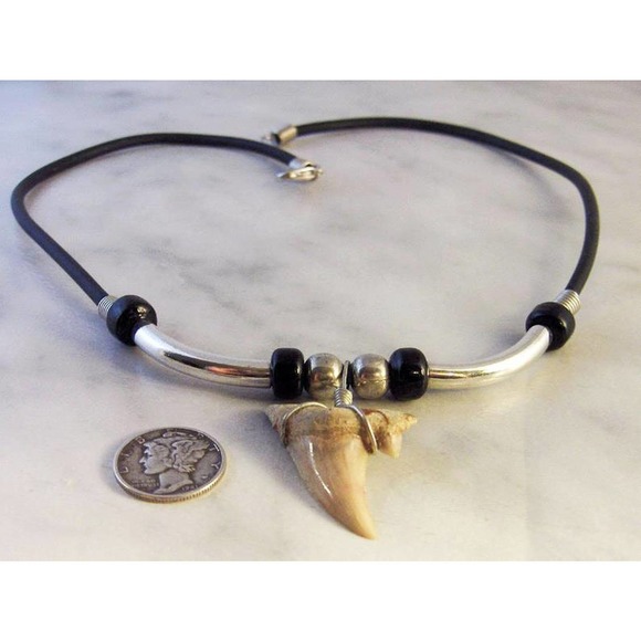 Mens Corded Shark Tooth Necklace , Shark Tooth Fossil Pendant , 18 Inch - Picture 4 of 5